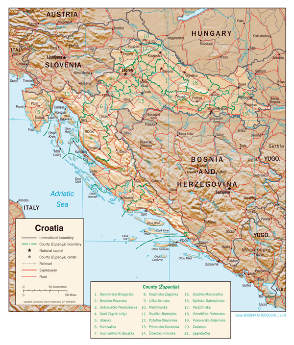 Large detailed political and administrative map of Croatia with relief, roads and major cities - 2001. Large detailed political and administrative map of Croatia with relief, roads and major cities - 2001.