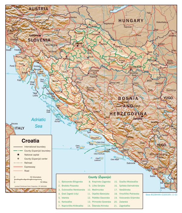 Large detailed political and administrative map of Croatia with relief, roads and major cities - 2001.