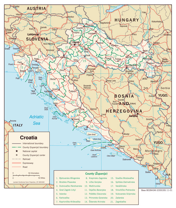 Large detailed political and administrative map of Croatia with roads and major cities - 2001.
