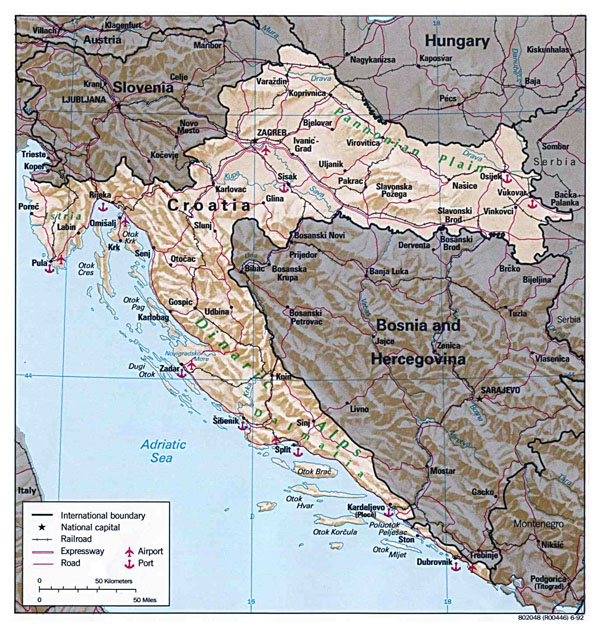 Croatia large detailed political map with relief, roads, major cities, airports and sea ports - 1992.