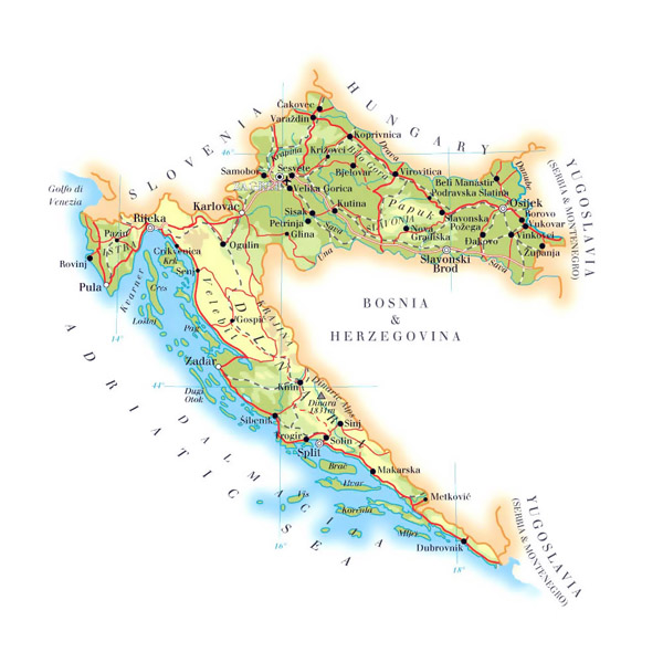 Large elevation map of Croatia with roads, cities and airports.