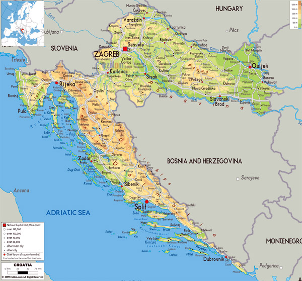 Large physical map of Croatia with roads, cities and airports.