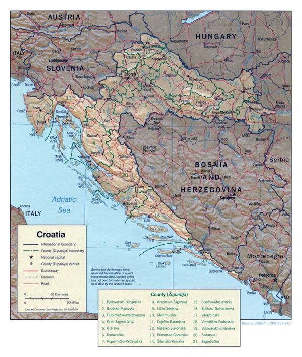 Large political and administrative map of Croatia with relief, roads and major cities - 2000.