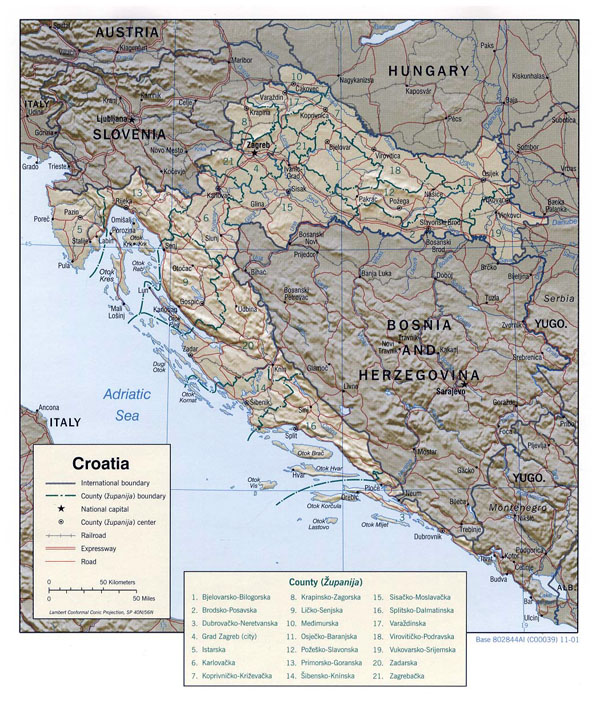Croatia large political and administrative map with relief, roads and major cities - 2001.