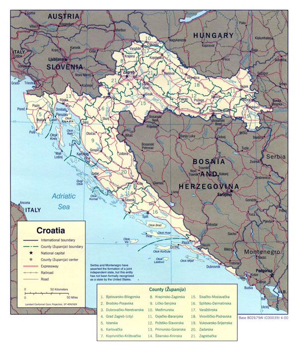 Croatia large political and administrative map with roads and major cities - 2000.
