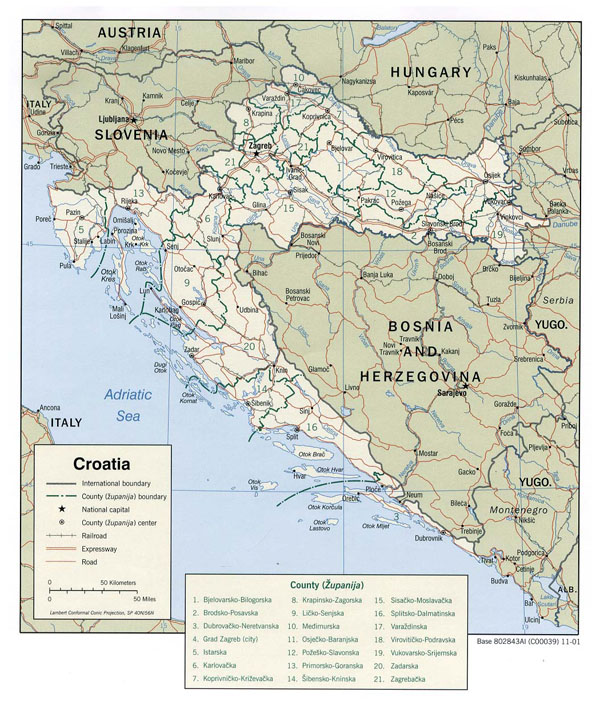 Large political and administrative map of Croatia with roads and major cities - 2001.