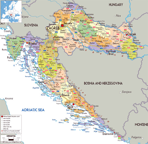 Large political and administrative map of Croatia with roads, cities and airports.