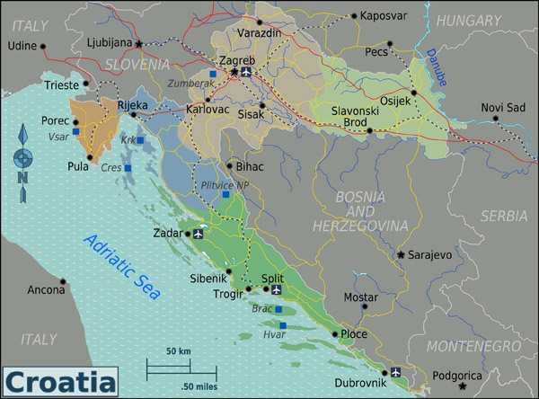 Large regions map of Croatia. Croatia large regions map.