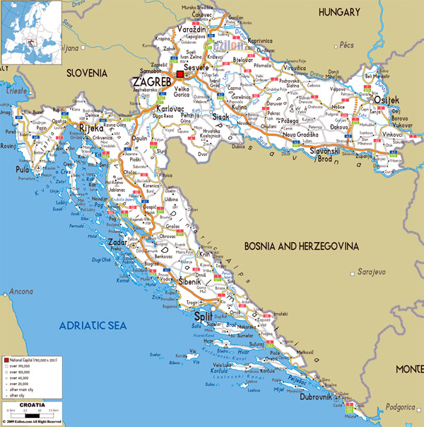 Large road map of Croatia with cities and airports.