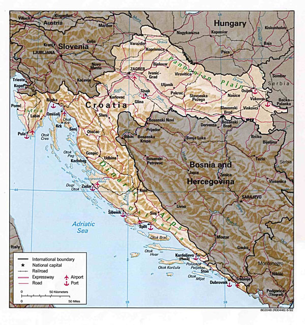 Relief and road map of Croatia. Croatia relief and road map.