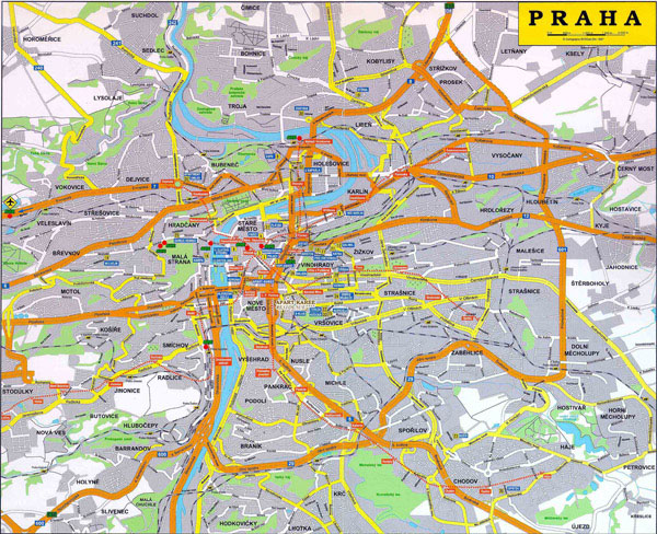 Detailed road map of Praha city. Prague city detailed road map.