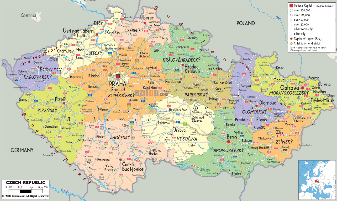 Large detailed administrative map of Czech Republic with all roads