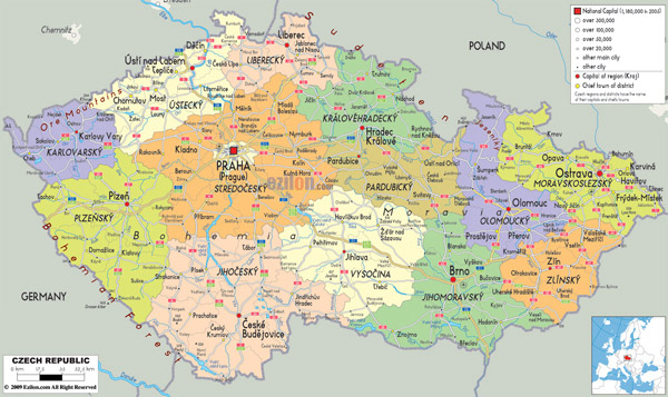 Large detailed administrative map of Czech Republic with all roads, cities and airports.