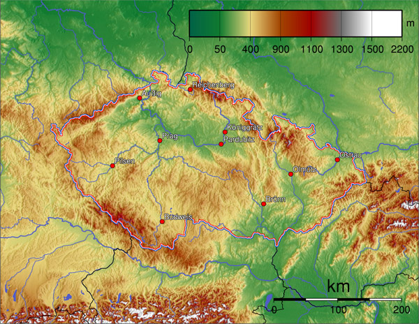 Large detailed physical map of Czech Repuic. Czech Republic large detailed physical map.