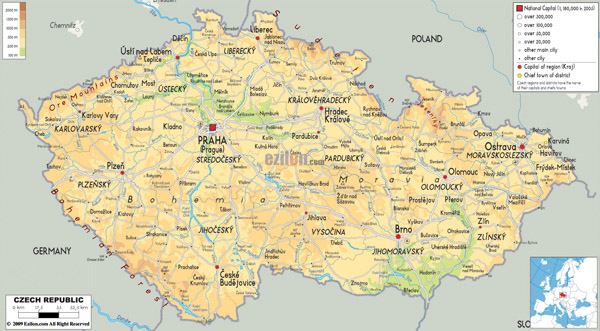 Large detailed physical map of Czech Republic with all roads, cities and airports