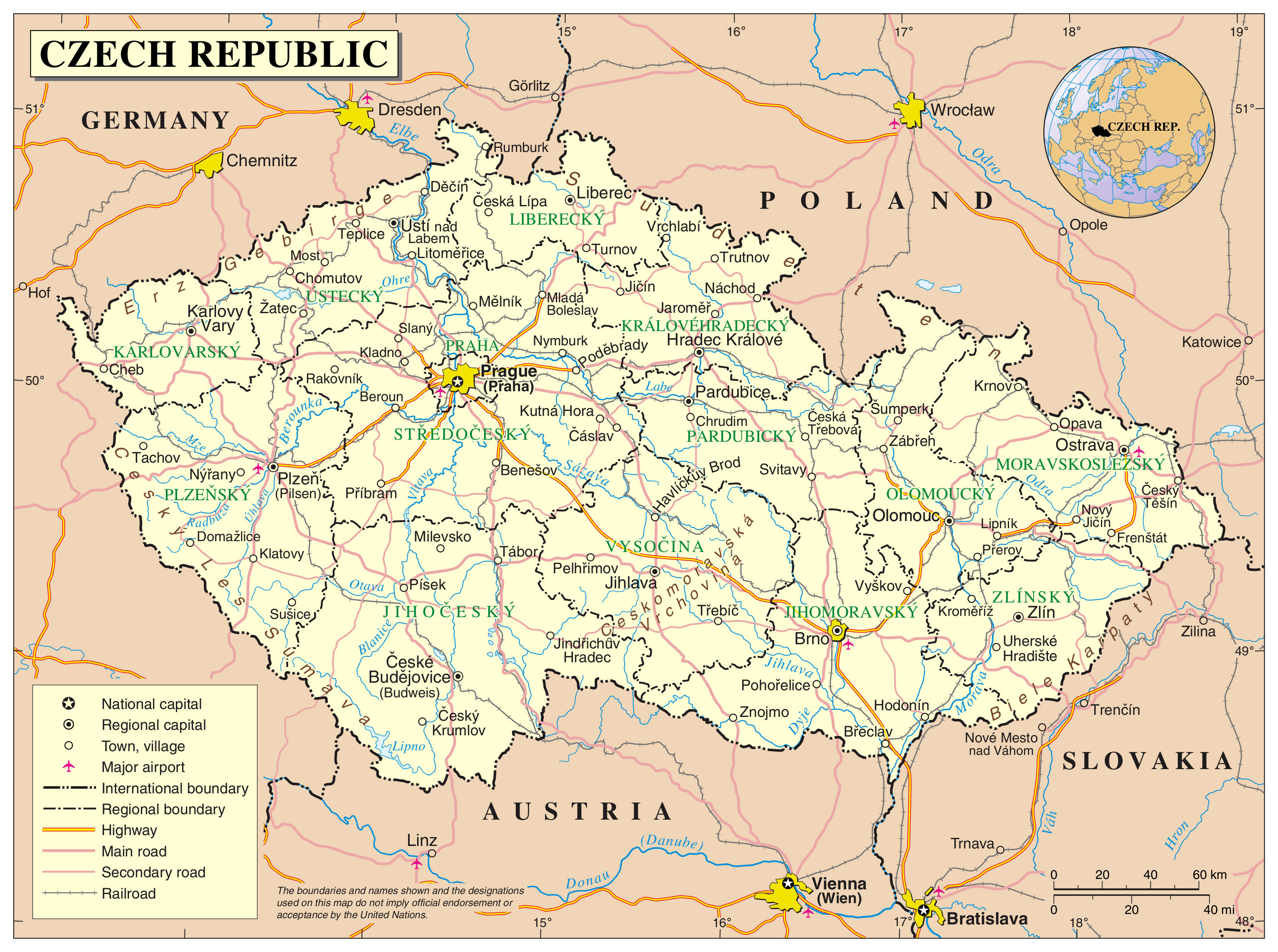 Large detailed political map of Czech Republic with all cities, roads