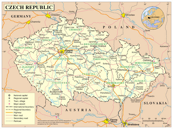 Large detailed political map of Czech Republic with all cities, roads and airports.