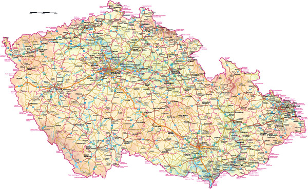 Large detailed road and physical map of Czech Republic with all cities.