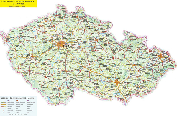 Large detailed road map of Czech Republic with all cities.