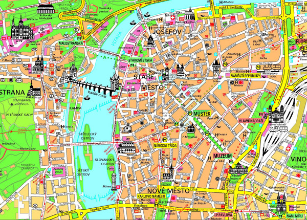 Detailed tourist map of Prague city center. Prague city center detailed tourist map.