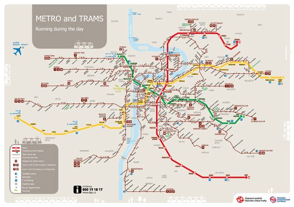 Large detailed map of public transport in Prague.