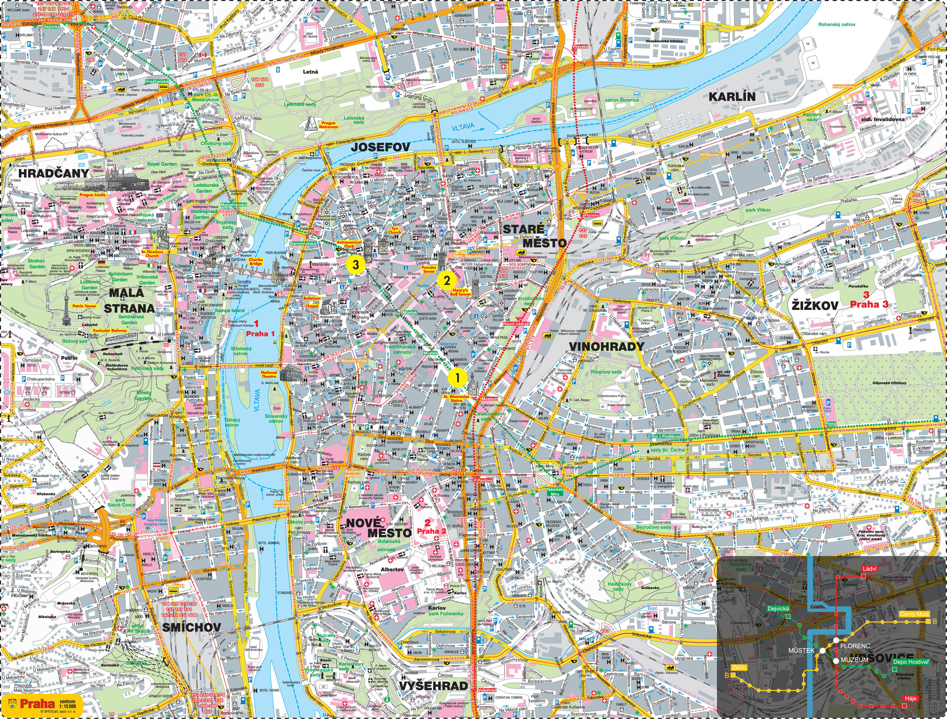 Large detailed road map with all the sights of Prague city. Prague city