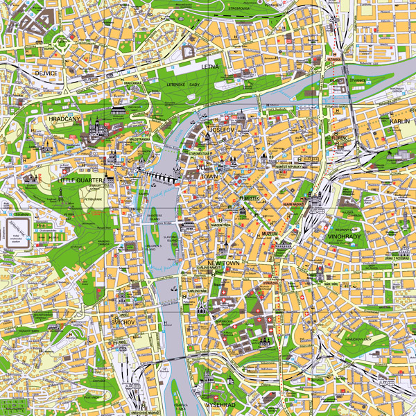 Large detailed tourist map of Prague city center.