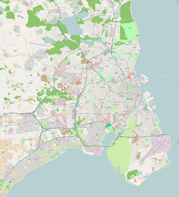 Large detailed road map of Copenhagen city with surroundings.