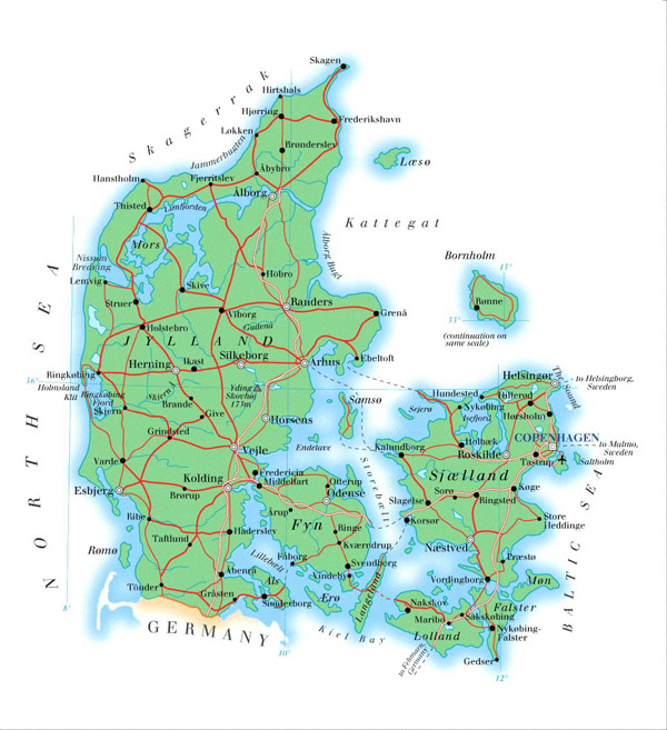 Detailed physical map of Denmark with roads, cities and airports.