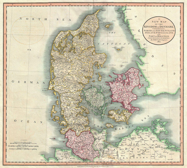 Large detailed old map of Denmark with all roads and cities 1801.