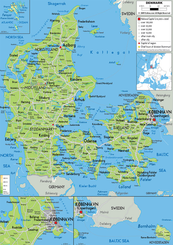 Large detailed physical map of Denmark with all roads, cities and airports.