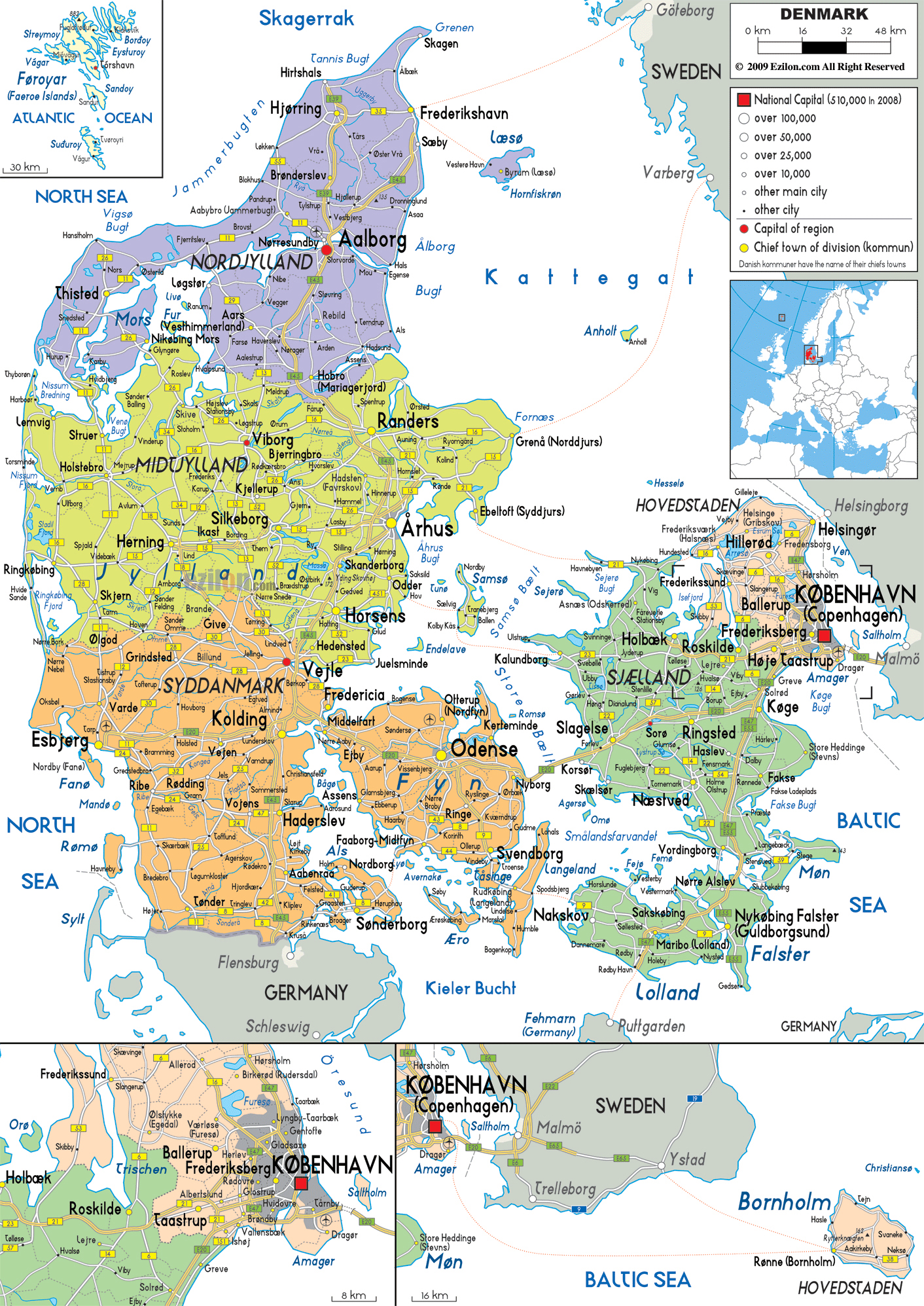 Large detailed political and administrative map of Denmark with all