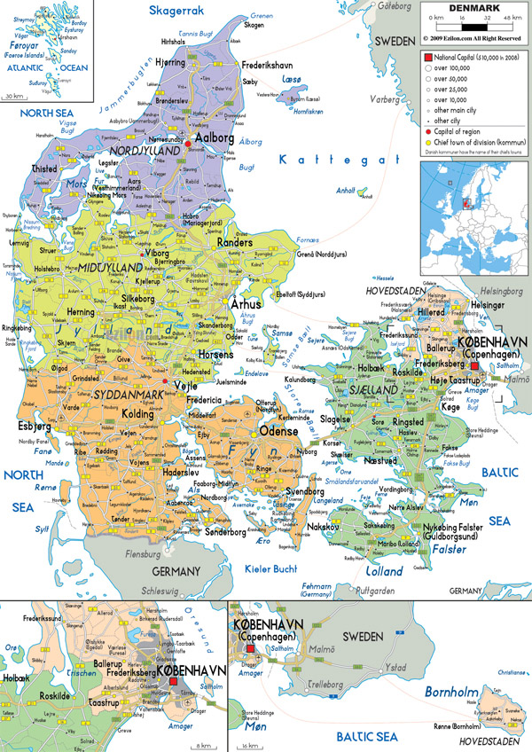 Large detailed political and administrative map of Denmark with all roads, cities and airports.