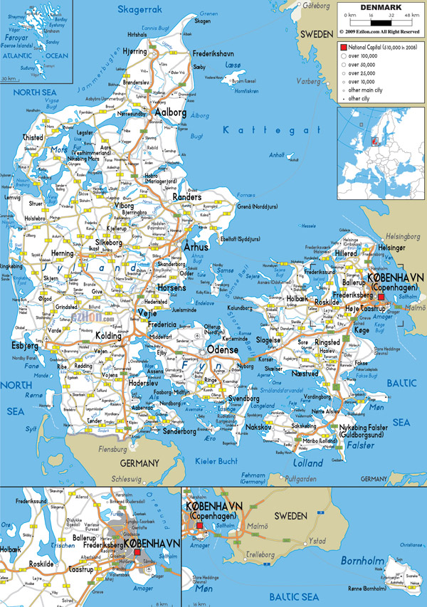 Large detailed road map of Denmark with all cities and airports.