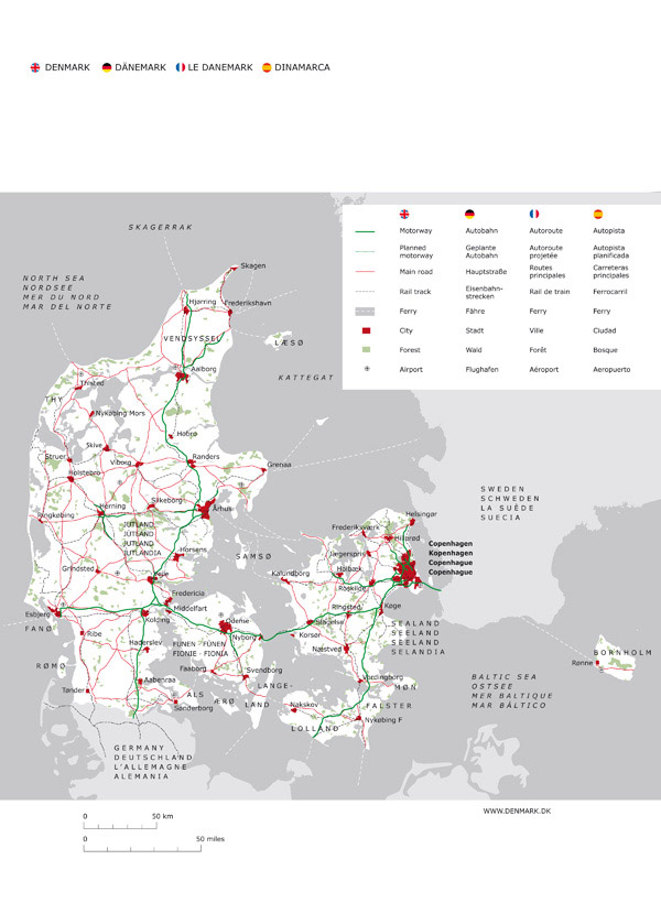 Large detailed road map of Denmark with cities and airports.