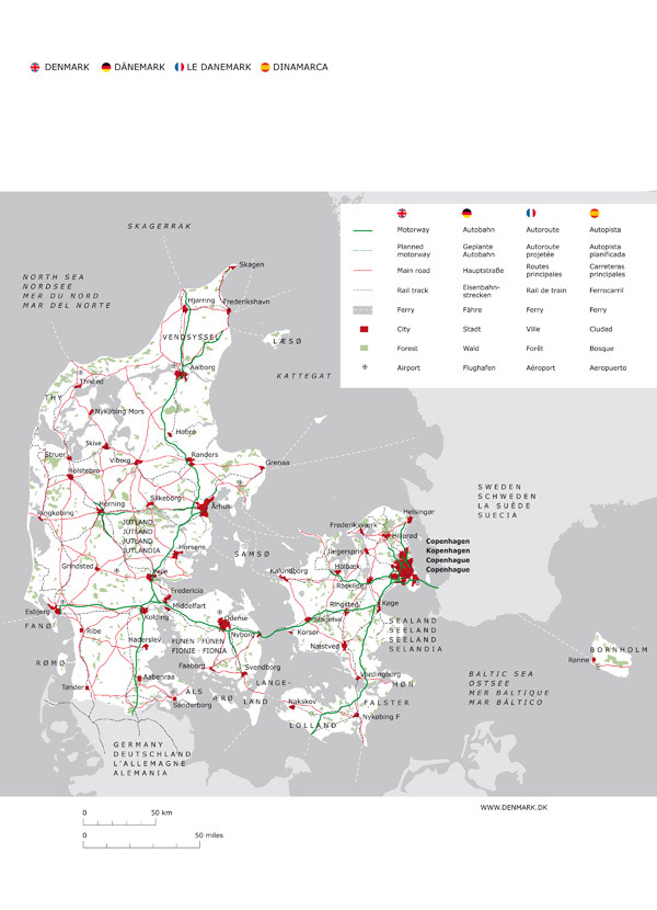 Large Detailed Road Map Of Denmark With Cities And Airports Vidiani