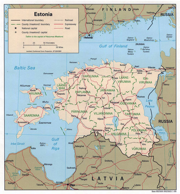 Detailed political and administrative map of Estonia with roads and major cities.