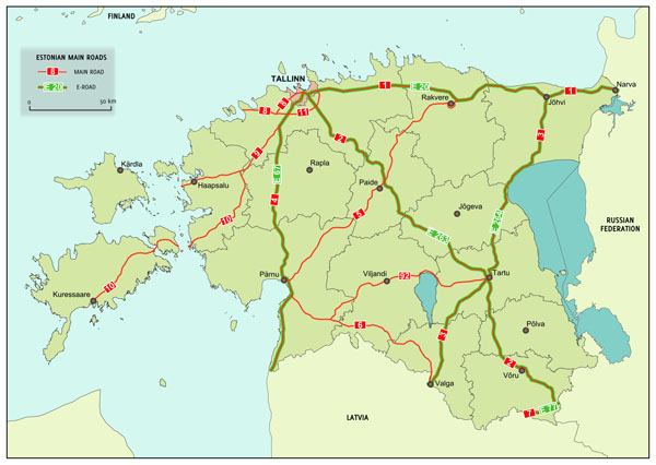 Large detailed main roads and e-roads map of Estonia.