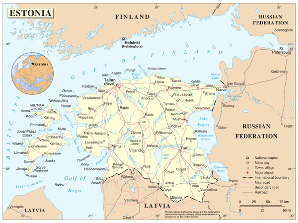 Large detailed political map of Estonia with roads, cities and airports.