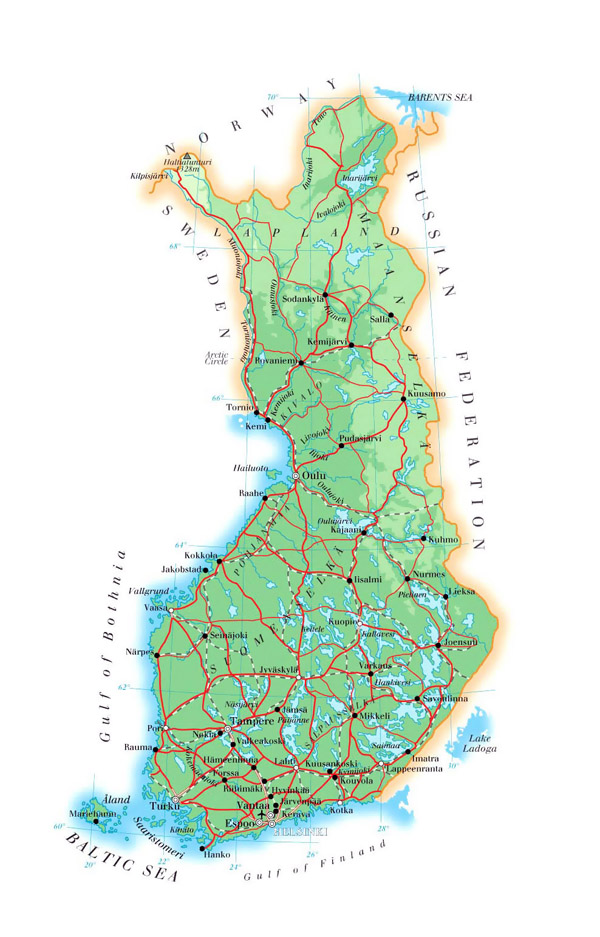 Detailed physical map of Finland. Finland detailed physical map.