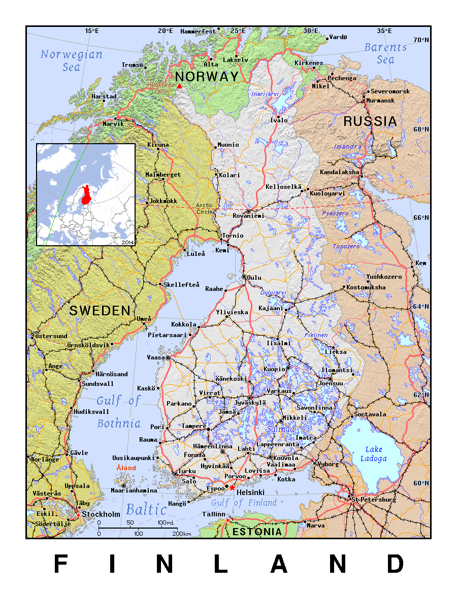 Detailed political map of Finland with relief  Vidiani.com  Maps of all countries in one place