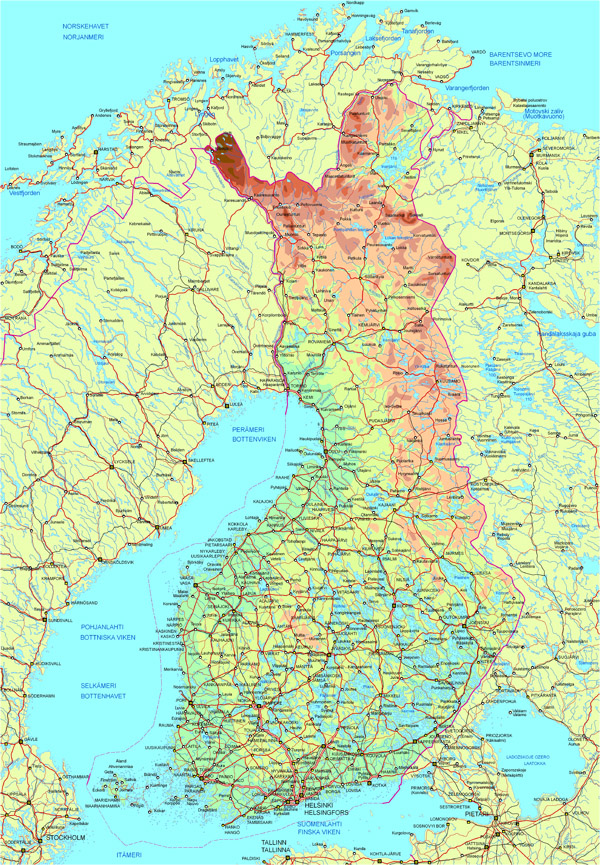 Detailed road and physical map of Finland. Finland detailed road and physical map.