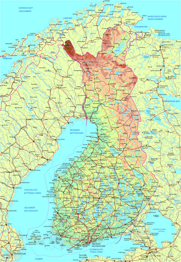 Detailed road and physical map of Finland. Finland detailed road and