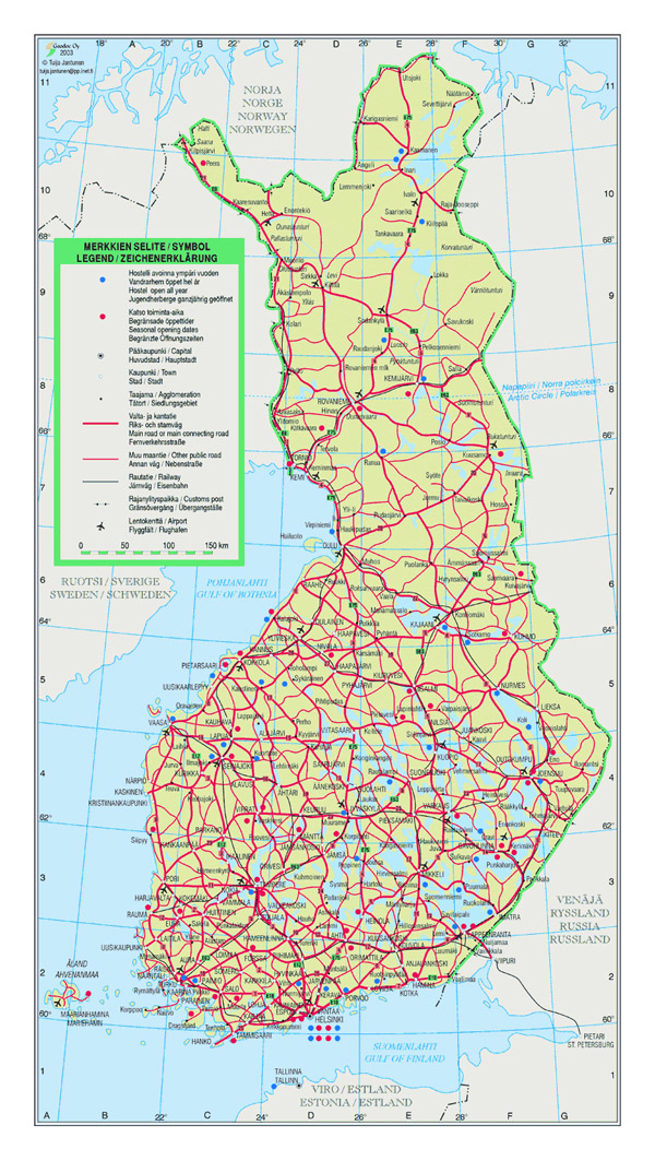 Detailed road map of Finland with cities and airports.