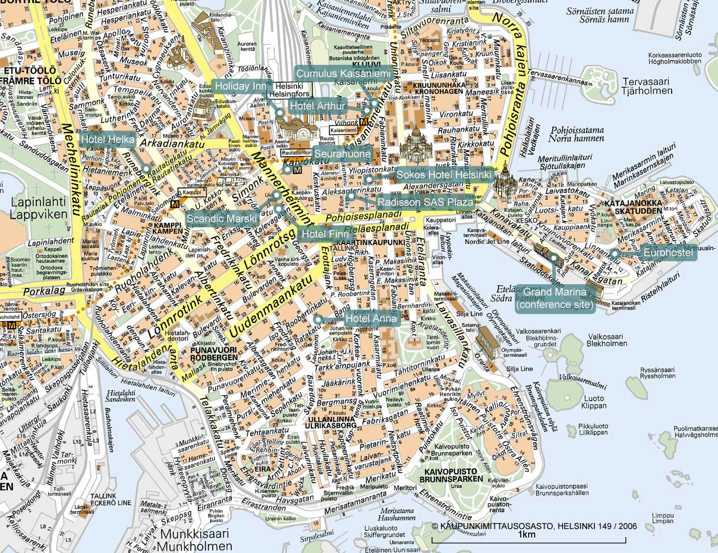 Large detailed tourist map of Helsinki city. Helsinki city large detailed tourist map  Vidiani 