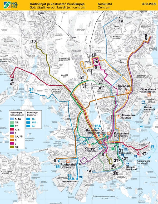 Large detailed transport map of Helsinki city.