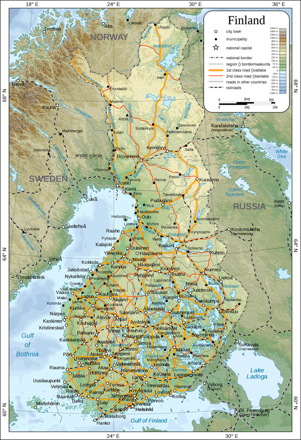 Large detailed physical map of Finland with all cities, roads railways and airports.