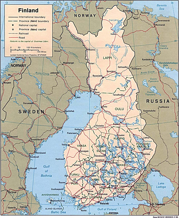 Large detailed political map of Finland with roads and cities.