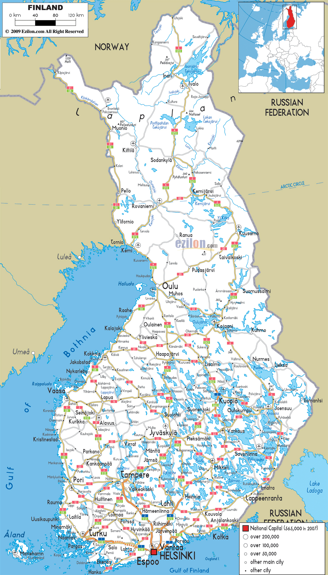 Large detailed road map of Finland with all cities and airports