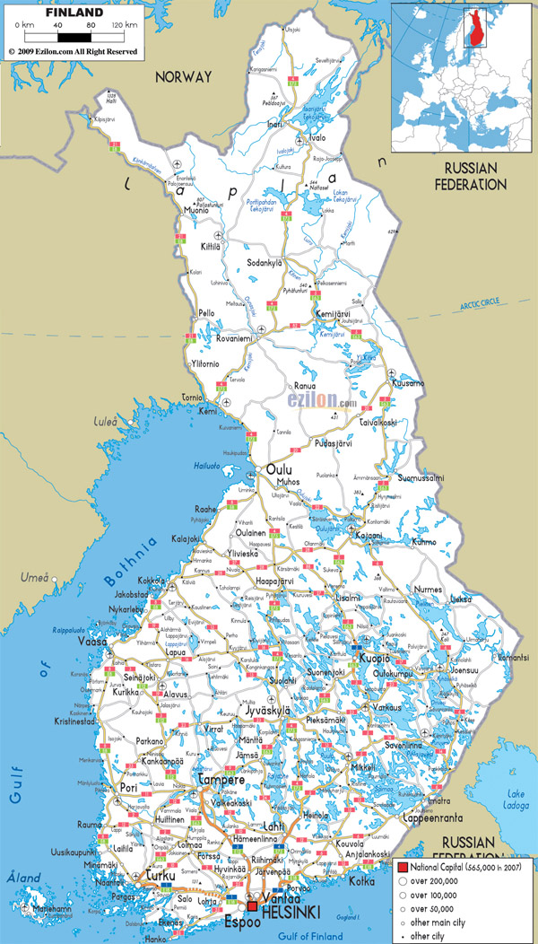 Large detailed road map of Finland with all cities and airports.